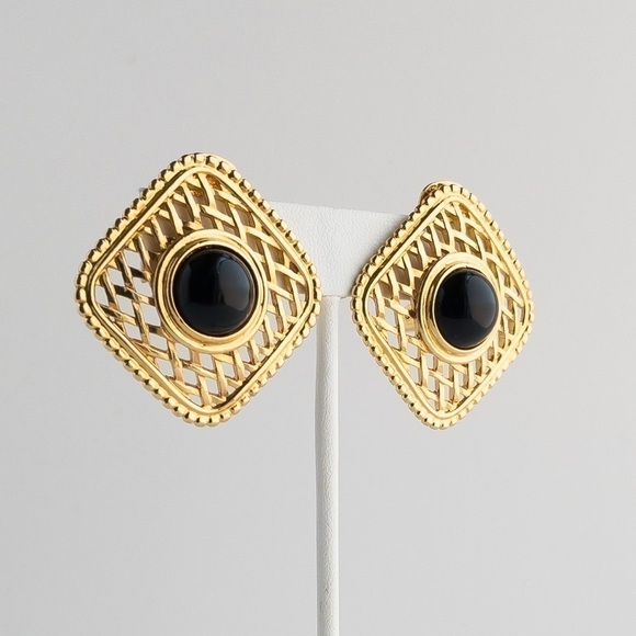 Vendome Earrings Gold Tone Large Diamond Mesh Design Black Glass Cabochon Center - Picture 7 of 10